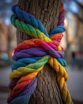 A rainbow colored rope tied to a tree photo