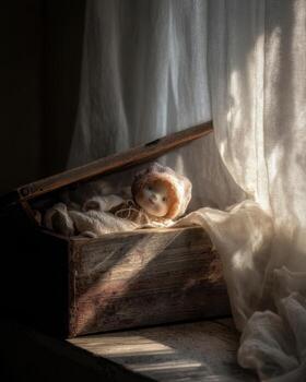 A small doll in a wooden box sitting on a window sill photo