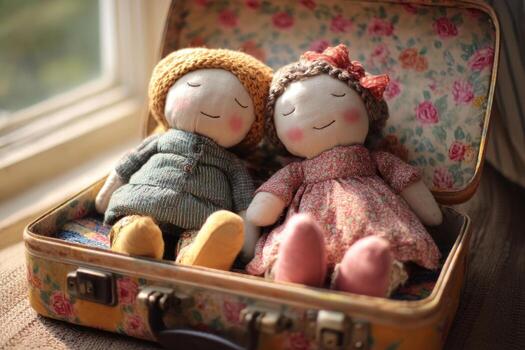 Rag Dolls Open Suitcase with Floral Lining photo