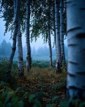 abedul arboles noche niebla con crepúsculo azul cielo foto