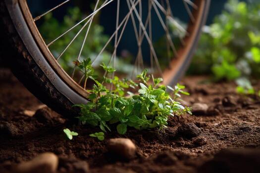 Bicycle Wheel Embedded Soil with Green Plants photo