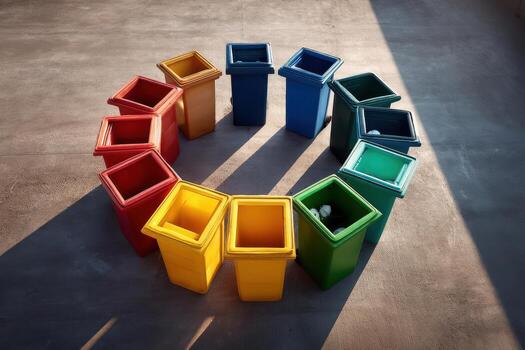 Colored Recycling Bins Arranged Circular Pattern Concrete photo