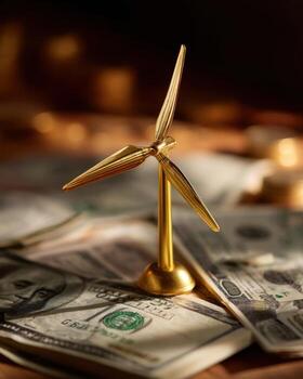 Wind Turbine Atop Dollar Bills with Soft Lighting photo