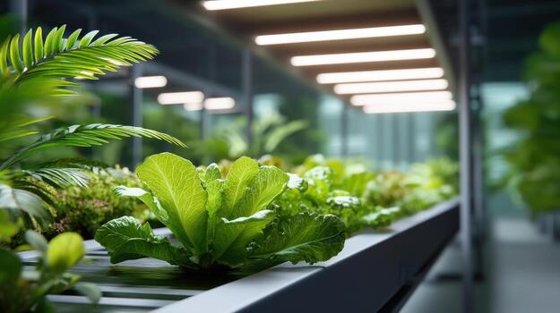 Indoor Vertical Farm with Fresh Produce and Fog Effect photo