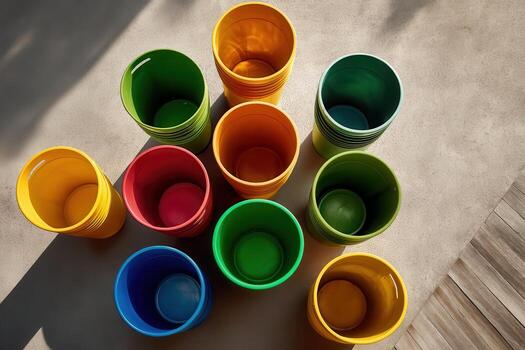 Colorful Recycling Bins Arranged Circular Pattern photo