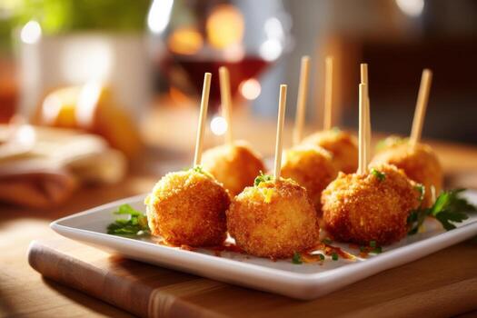 Fried Mac and Cheese Balls Skewers Cozy Setting photo
