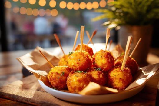Fried Mac and Cheese Balls Skewers with Cozy Atmosphere photo