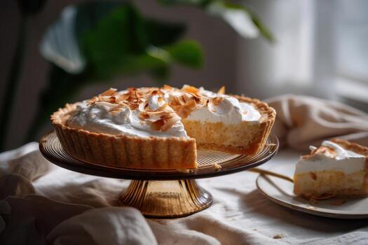 Coconut Cream Pie Glass Stand with Slice Missing photo