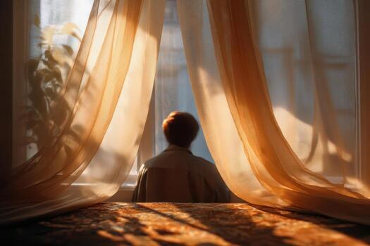 Sunlit Silhouette Person with Albinism Behind Soft White Curtain photo
