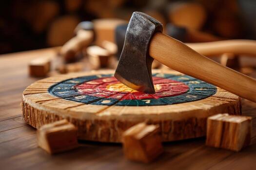 Topdown View Wooden Target with Embedded Axes photo