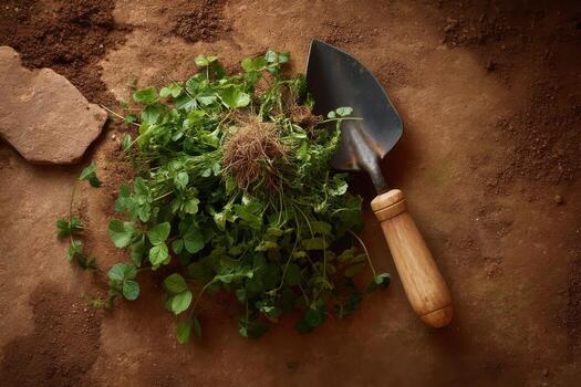 Topdown View Garden Weeds and Trowel with Natural Textures photo
