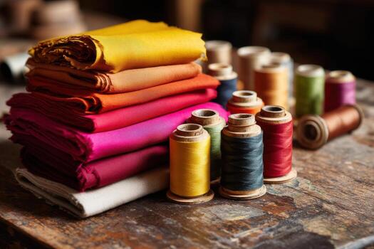 apilado doblada telas con vistoso hilo carretes gastos generales foto