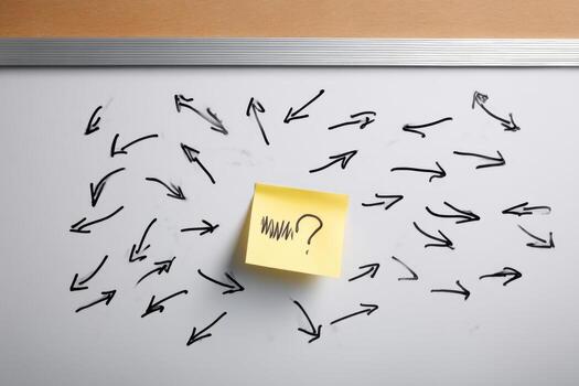 Humorous Whiteboard with Arrows Pointing Mystery Note photo