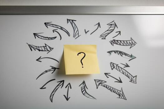 Team Brainstorming with Question Mark Sticky Note photo