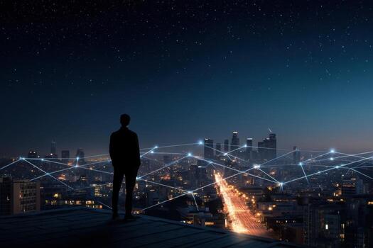 Silhouette Person Overlooking City with Network Grid photo