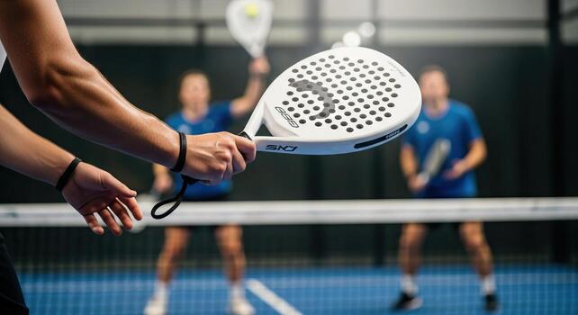 Dynamic Padel Match Close Up of Paddle Racket in Action during Indoor Game with Players photo