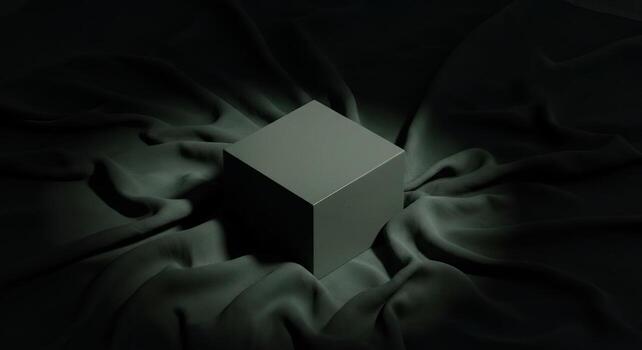 Cube on Green Fabric Minimalist Backdrop for Product Display and 3D Render photo