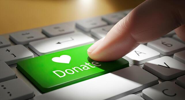 Close up of a finger pressing a green Donate button with a heart icon on a computer keyboard symbolizing online giving and charitable contributions photo