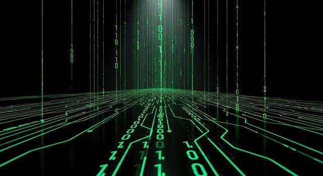 Futuristic Digital Network Tunnel with Green Binary Code Streams and Circuit Board Lines Representing Data Flow and Technology photo