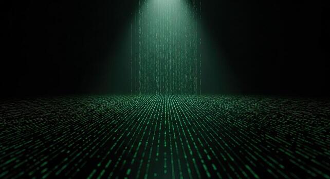 Digital Data Stream Futuristic Abstract Background of Green Binary Code Falling from Spotlight photo