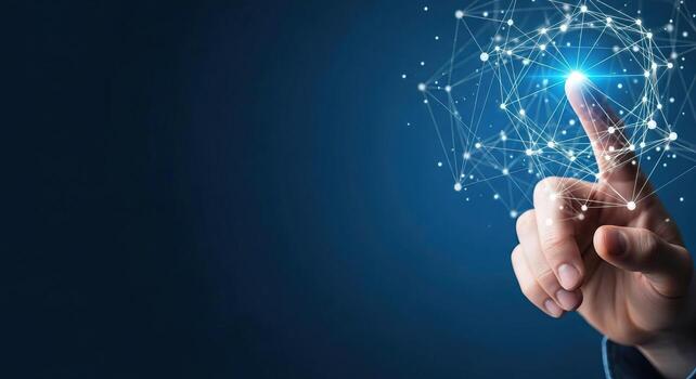 mano conmovedor un digital red conexión de brillante nodos y líneas representando global conectividad y tecnología foto