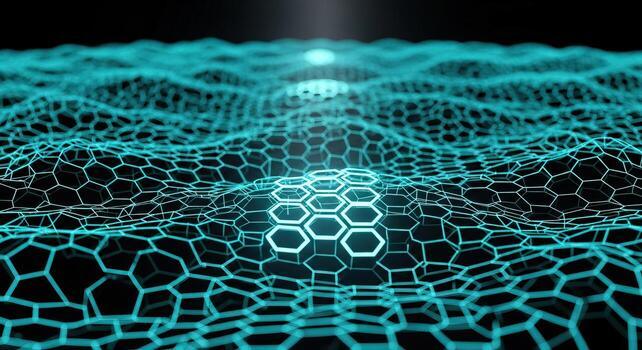 Futuristic Hexagonal Grid Network Waveform Abstract Background in Cyan Neon Glow photo