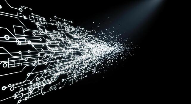 Abstract Digital Circuitry with Glowing Data Streams on Black Background photo