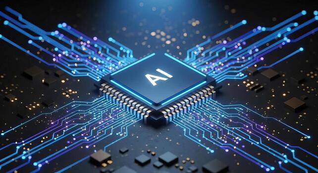 AI Chipset Glowing with Blue Circuits and Data Flow on Motherboard Future of Technology Concept photo