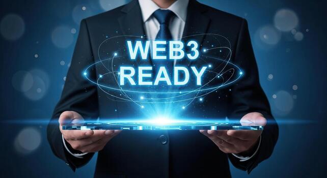 Web3 Ready Businessman Holding Futuristic Digital Interface with Glowing Network Lines and Text photo