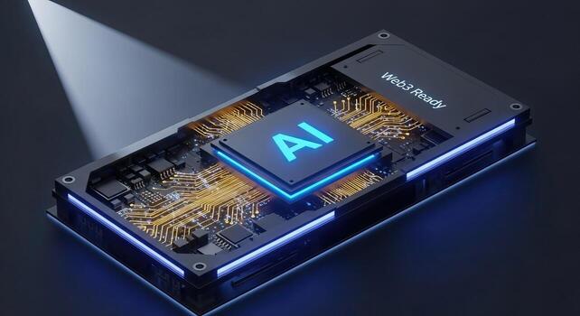 AI Chip with Web3 Ready Label on Circuit Board Artificial Intelligence Technology photo