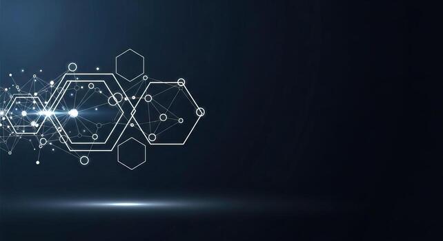 Abstract Network and Hexagon Structure with Glowing Nodes on Dark Blue Background photo