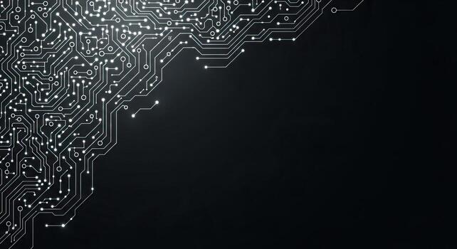 Glowing White Circuit Board Pattern on Black Background Digital Technology and Innovation Concept photo