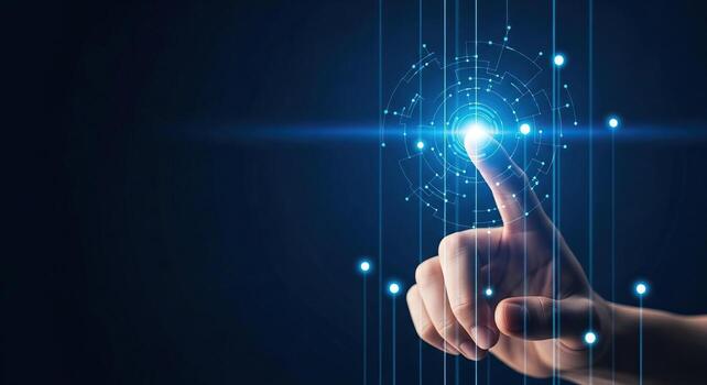 Human Finger Touches Futuristic Digital Interface with Glowing Blue Network and Data Streams High Tech Future Concept photo