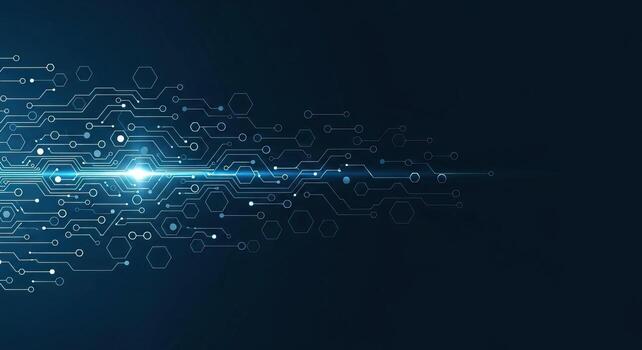 Abstract Blue Circuit Board Technology Background with Glowing Light and Hexagons photo