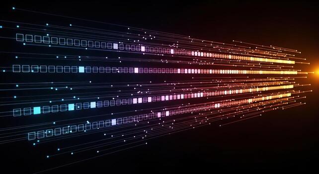 Abstract Digital Data Stream Flowing Fast with Glowing Particles and Squares on Dark Background Futuristic Technology Concept photo