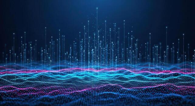 Abstract Digital Network Data Flow with Glowing Lines and Particles on Dark Blue Background photo