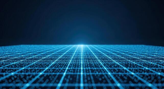 Abstract Digital Grid Horizon with Glowing Blue Network of Lights and Data Flowing into Infinity photo