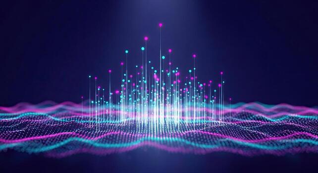 Abstract Digital Network Data Flow Futuristic Neon Blue and Pink Particles Connecting and Rising Technology Background photo