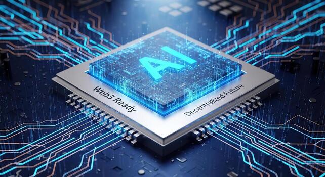 Advanced AI Chip with Web3 Ready and Decentralized Future inscriptions on glowing circuit board representing future technology and innovation photo
