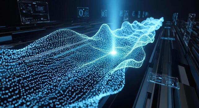 Futuristic Digital Data Stream Blue Particle Wave Flows Through Abstract Network with Holographic Interfaces Technology and AI Concept photo