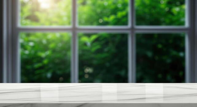 Marble Tabletop with Window and Lush Greenery Background for Product Display and Presentation photo