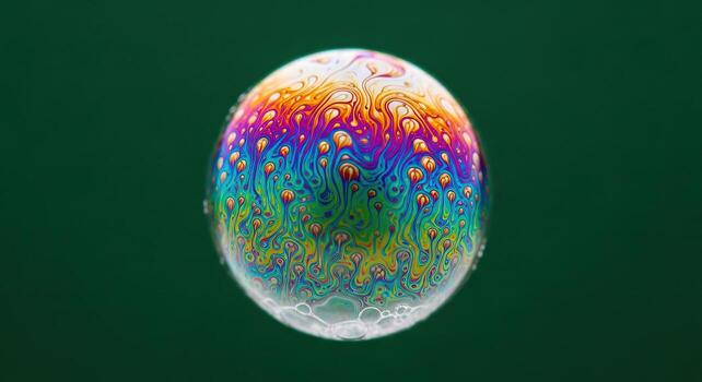 Macro Shot of Iridescent Soap Bubble with Psychedelic Patterns photo