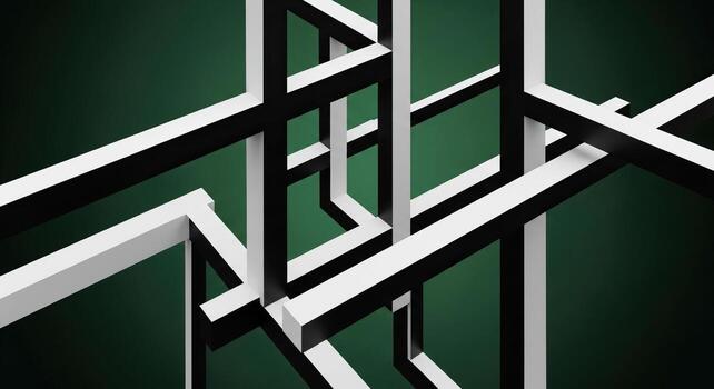 Futuristic Abstract Geometry Interlocking White and Black Beams Creating an Optical Illusion on a Dark Green Background photo