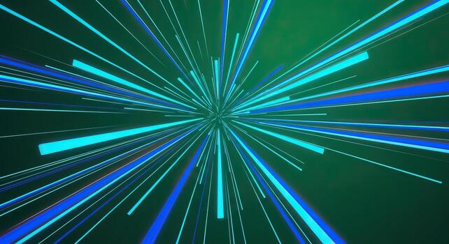 Dynamic Digital Data Stream Abstract Hyperspace Light Trails in Blue and Cyan on Green Background photo