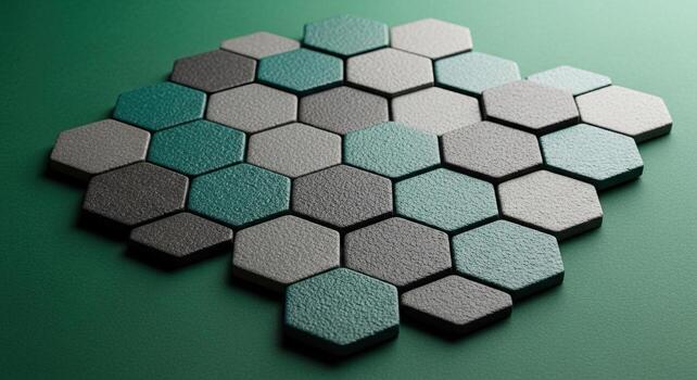 Modern Teal and Grey Hexagonal Tile Pattern on Green Background Abstract Geometric Texture Design photo