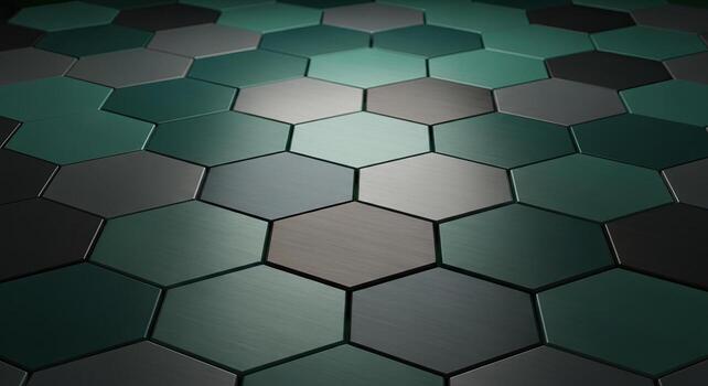 Modern Dark Teal and Grey Geometric Hexagon Pattern Background with Brushed Metallic Tiles and Futuristic Abstract Design Texture photo