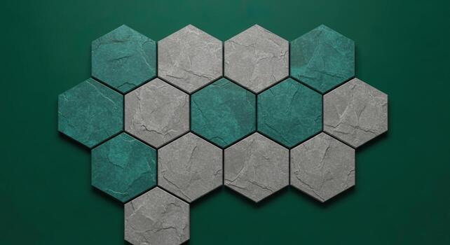 Modern Hexagonal Stone Tiles Pattern in Teal and Gray on Dark Green Background Abstract Geometric Design photo