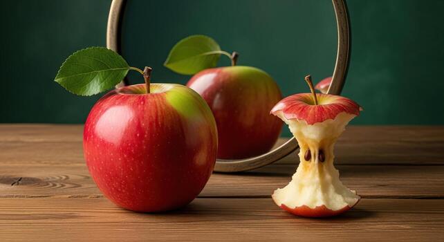 Fresh Red Apple Reflective Mirror Image and Eaten Core on Rustic Wood Symbolizing Healthy Choices and Life s Cycle photo