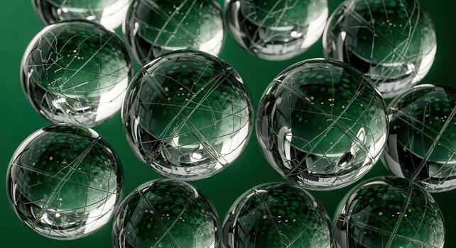 Abstract Green Glass Orbs with Intricate Digital Grid Modern Science Technology and Global Data Network Concept photo