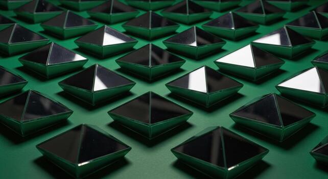 Modern Geometric Pattern Reflective Black Prisms Array on Deep Emerald Green Background photo